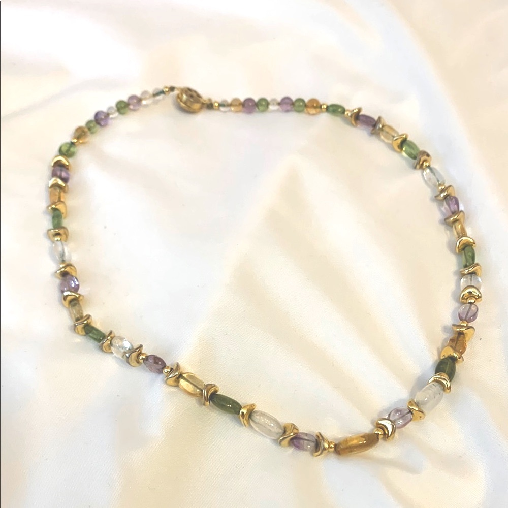 Vintage Women’s Clear, Gold, Green & Purple Multicolor 19" Beaded Necklace
